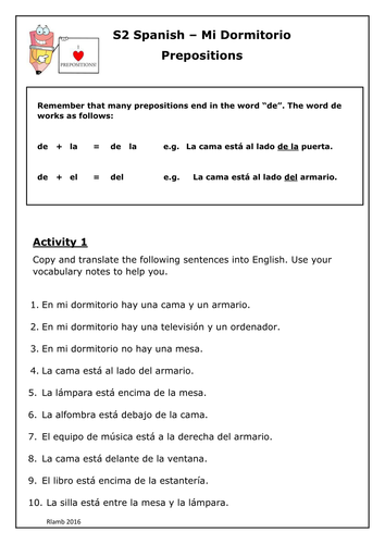 Spanish - Prepositions and Bedroom (mi dormitorio/habitación topic)