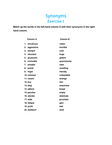 Exercises of Synonyms with Answer Key