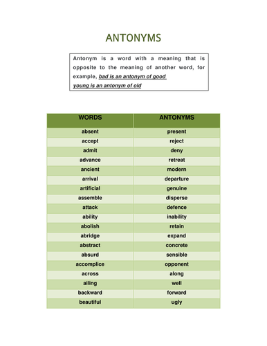 Complete List of Antonyms