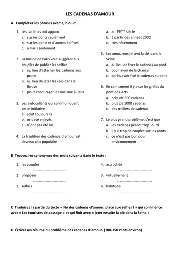 Patrimoine Topic Cadenas D Amour Questions Teaching Resources