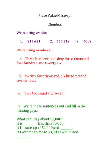 place value MASTERY end of topic assessment