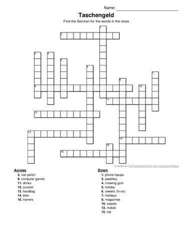 German pocket money crossword Teaching Resources