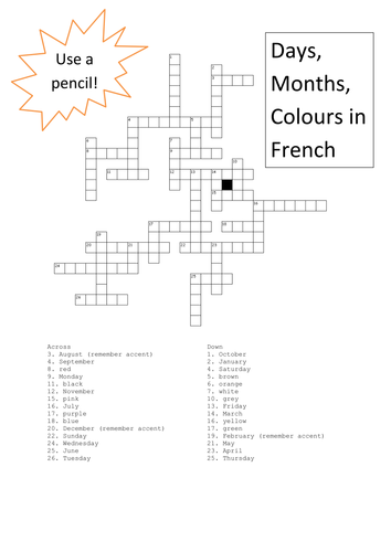 Days, months, colours crossword