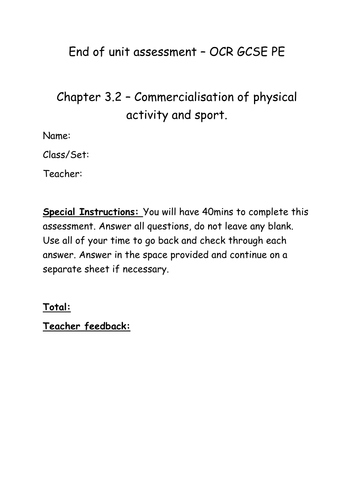 Chapter 3.2 Commercialisation in sport chapter assessment and mark scheme OCR GCSE PE 2016 spec