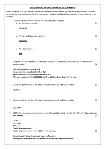 A Level Computer Science Floating Point Binary Test With Answers Teaching Resources