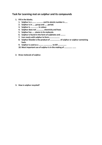 Complete lesson resource on Sulphur and its compounds.