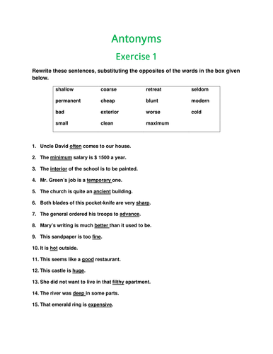Antonym Exercises with Answer Key