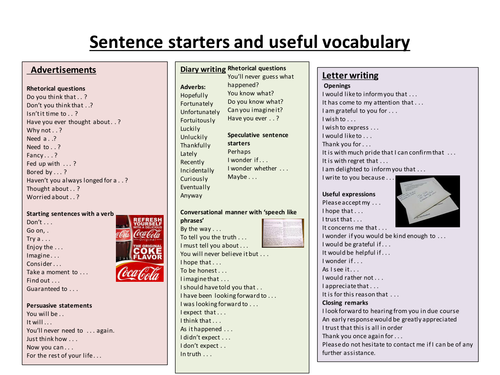 sentence starters ks4 creative writing