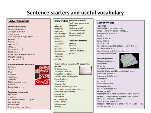 Sentence starters and interesting vocabulary for specific text types- placemat