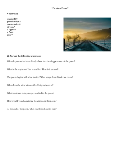 "October Dawn" by Ted Hughes poetry analysis sheet