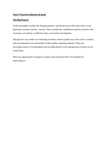 year 9 tourism Scheme of Work