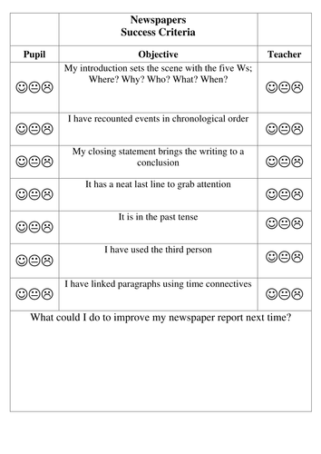 success criteria for writing newspaper articles ks2