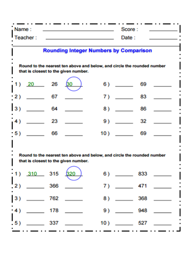 Rounding Integer Numbers By Comparison Teaching Resources