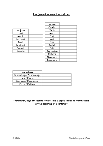 French Vocabulary Booklet/Le Vocabulaire pour le Brevet