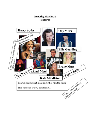 Celebrity Match Up and Writing Task - Ideal for Group Work