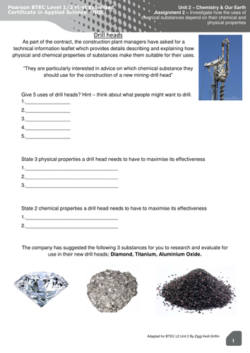 BTEC Level 2 Applied Science - Unit 2 (Assignment B). Worksheet on drill heads!