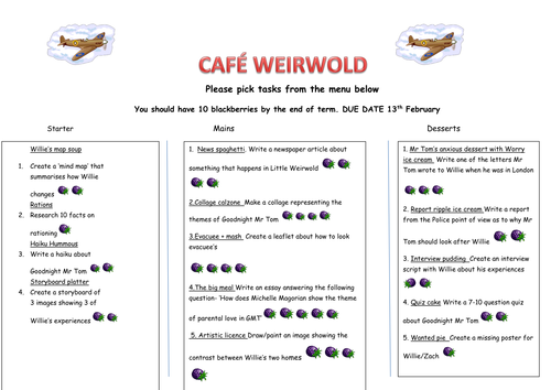 Takeaway homework menu Goodnight Mr Tom