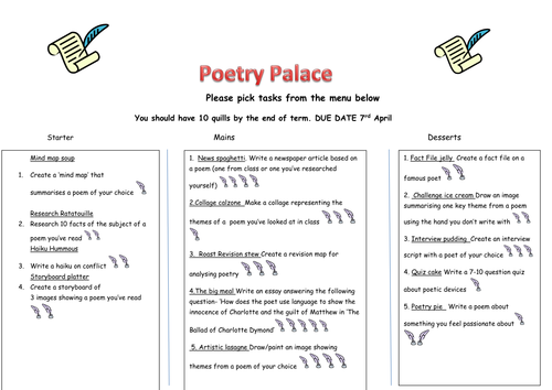 Poetry takeaway homework menu