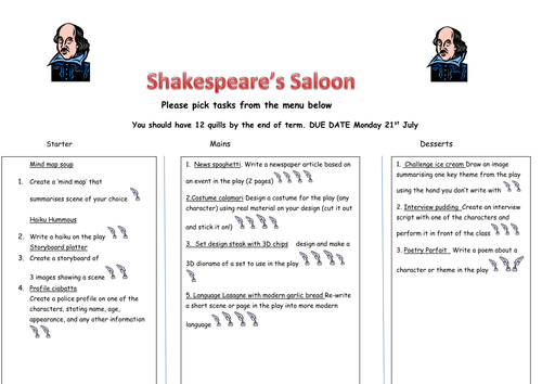 Takeaway homework menu for Shakespeare