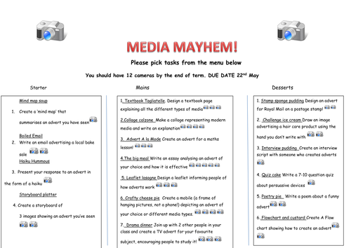 Takeaway homework menu for Media