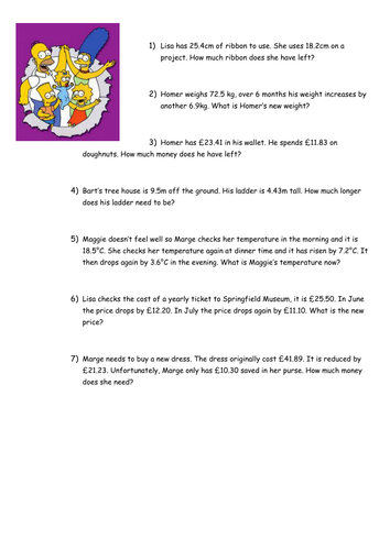 The Simpsons themed Subtraction word problems UKS2 Differentiated x3