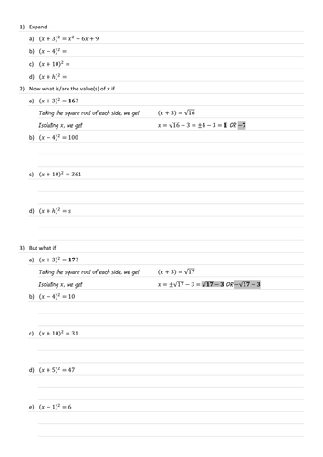 Completing the Square - Discovery Worksheet
