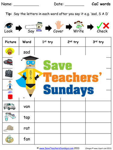 CVC (CaC) Spelling Worksheets and Dictation Sentences for Year 1