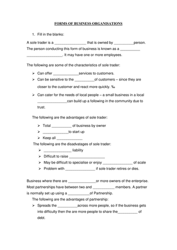 IGCSE Business Studies - Forms of organisations