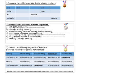 Differentiated German Numbers 1-100 worksheet