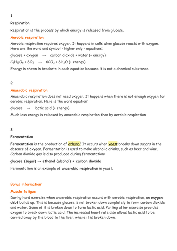 KS3 anaerobic respiration and fermentation