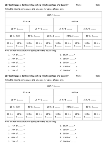 Singapore Bar Modelling Method Percentage of a Quantity Worksheet