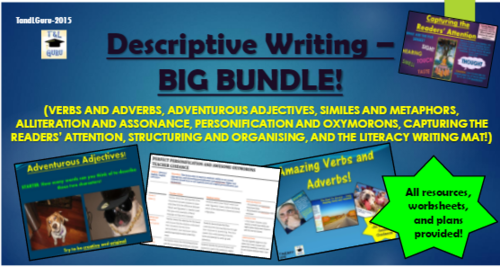 Descriptive Writing Big Bundle! (All PowerPoints, Lesson Plans, Worksheets, Help-sheets, Games, and More!)