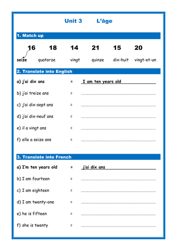 French age (L'age) - Simple Worksheet (Studio/Expo)