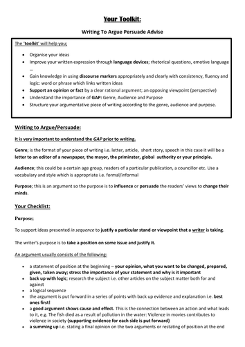 Complete student toolkit for writing to argue/persuade/advise