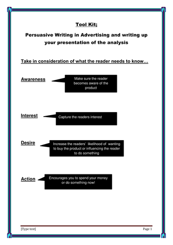 Complete student toolkit for persuasive writing in advertising/presentation of analysis