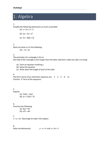 Algebra sheets for Year 10