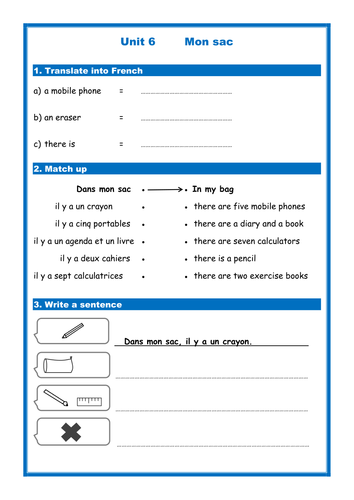 French school items (Le sac) - Simple Worksheet (Studio/Expo)