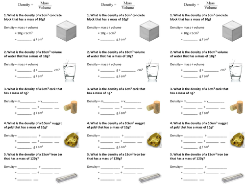 Density of solids and liquids worksheet