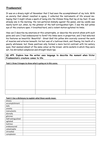 Frankenstein: structured worksheet on Chapter 5 for lower ability students