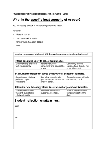Heat Capacity, Physics required practical KS4, NC Energy changes in a system involving heating