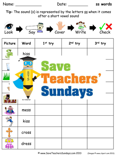 -SS Words Spelling Worksheets and Dictation Sentences for Year 1