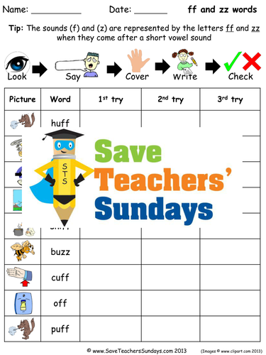 -ff and -zz Words Spelling Worksheets and Dictation Sentences for Year 1