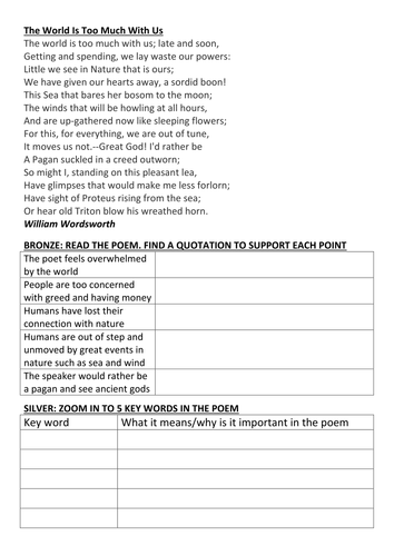 Wordsworth 'The World is too much with us' Worksheet | Teaching Resources