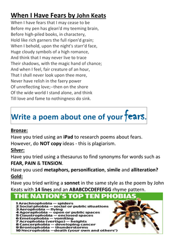 'When I have fears': Keats. Worksheet. Reading and Writing task