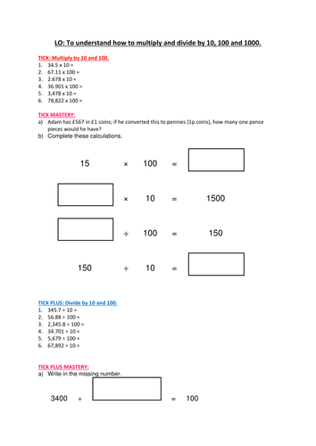 Year 5/6 Maths- Multiply & Divide by 10, 100, 1000- Includes answers/3 way differentiated