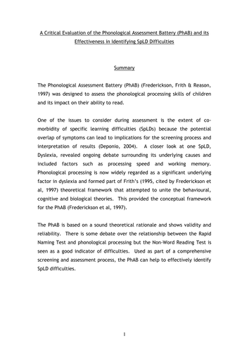 Assessment of SpLD Difficulties
