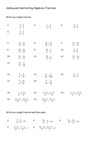 Adding And Subtracting Algebraic Fractions | Teaching Resources