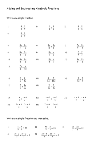 Adding and Subtracting Algebraic Fractions | Teaching Resources