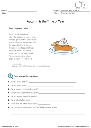 reading comprehension autumn is the time of year teaching resources