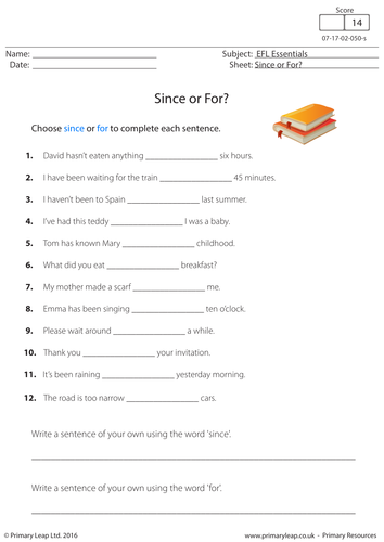 English Worksheet - Since or For?